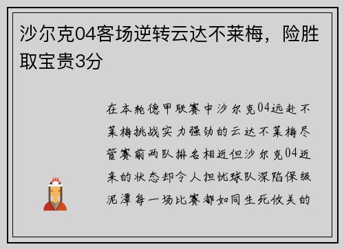 沙尔克04客场逆转云达不莱梅，险胜取宝贵3分