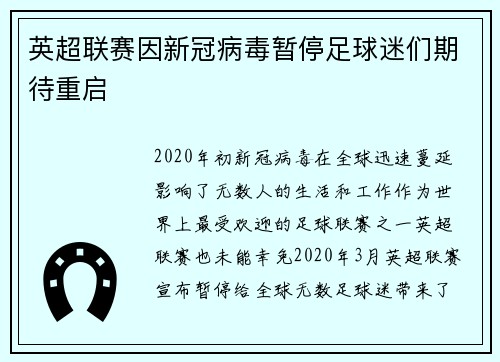 英超联赛因新冠病毒暂停足球迷们期待重启